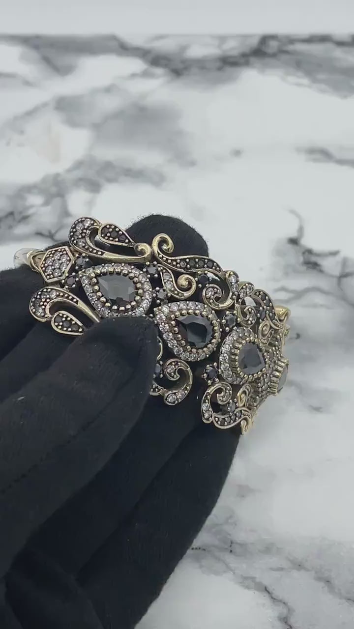 Istanbul Schmuck | Onyx-Ottomanischer Stil Verstellbares Armreif Handgemachte Silberarmband