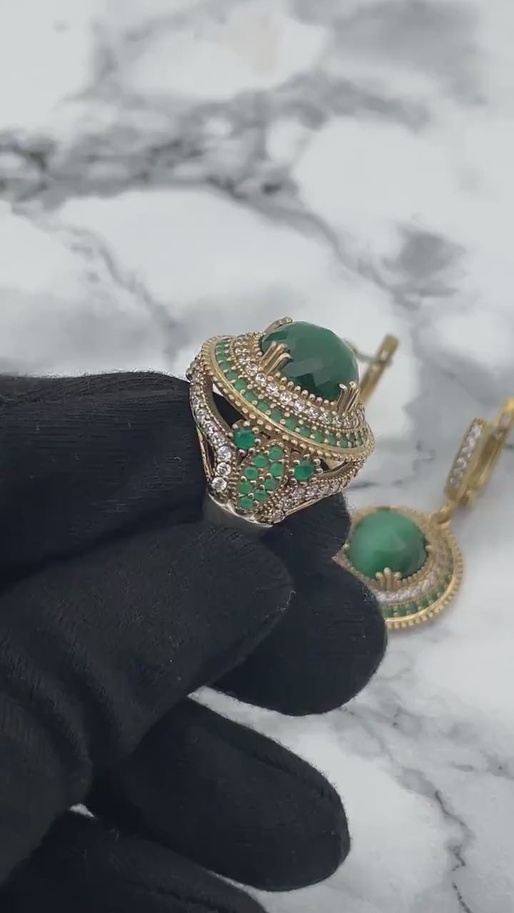 Istanbul Schmuck | Malachit Ottoman Stil Handgemachtes Silber Schmuckset