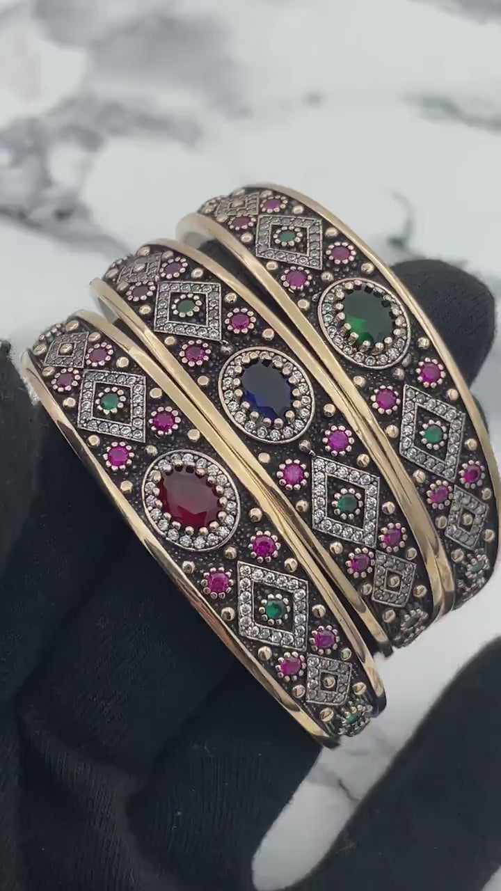 Istanbul Schmuck | Saphir Ottoman Stil Verstellbares Armreif Silber Armband