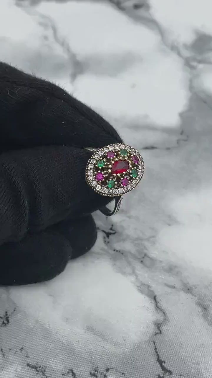 Istanbul smykker | Ruby og Emerald Ottoman Style Håndlavet Sølvring